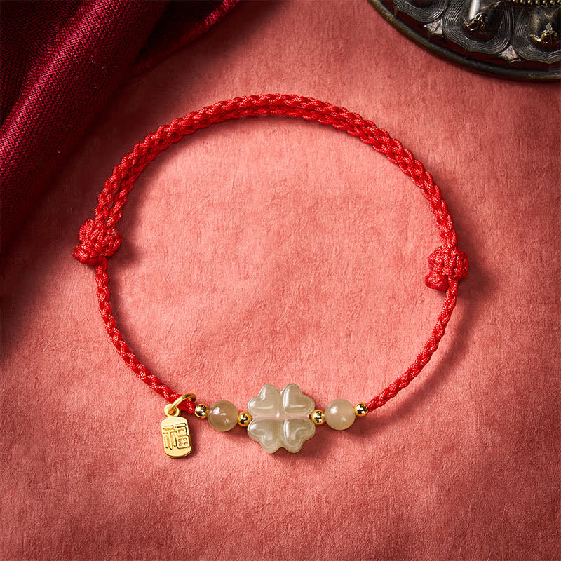 Buddha Stones Natural Hetian Jade Four-leaf Clover Fu Character Luck Red String Bracelet