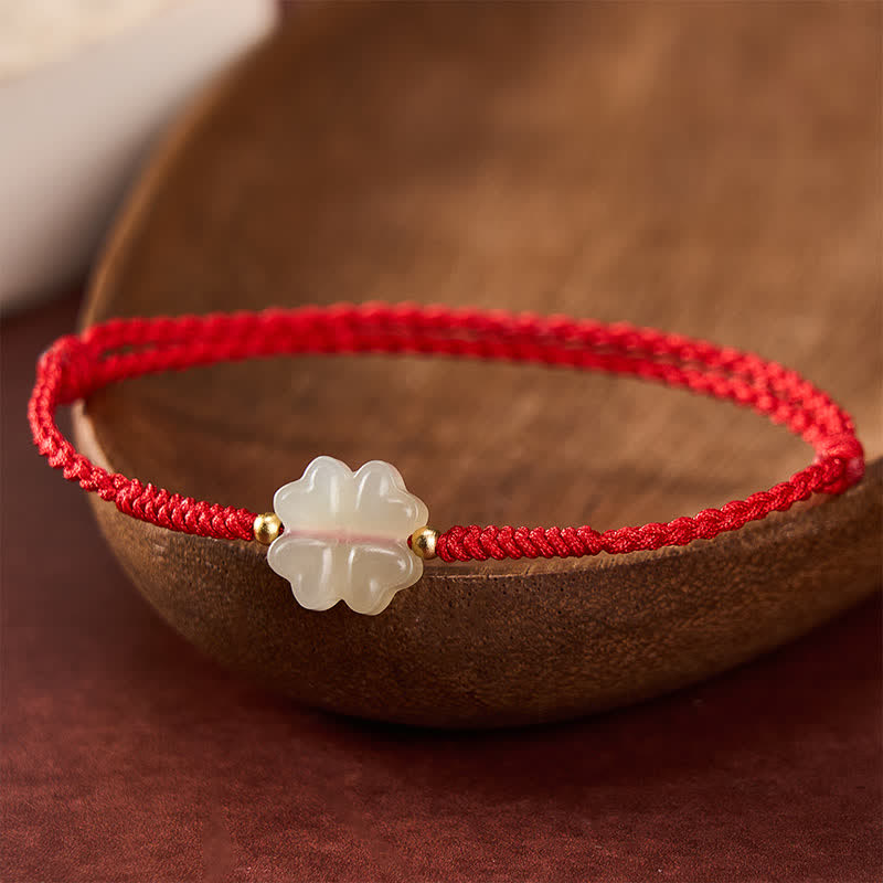 EverestArtstudios Natural Hetian Jade Lucky Four-leaf Clover Bracelet