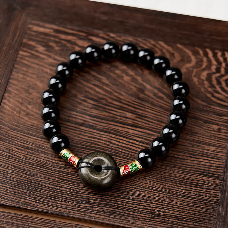 Buddha Stones Golden Sheen Obsidian Peace Buckle Black Obsidian Koi Fish Protection Round Bead Bracelet