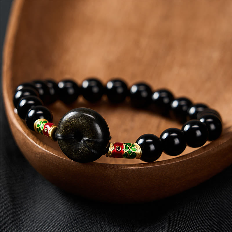 Buddha Stones Golden Sheen Obsidian Peace Buckle Black Obsidian Koi Fish Protection Round Bead Bracelet
