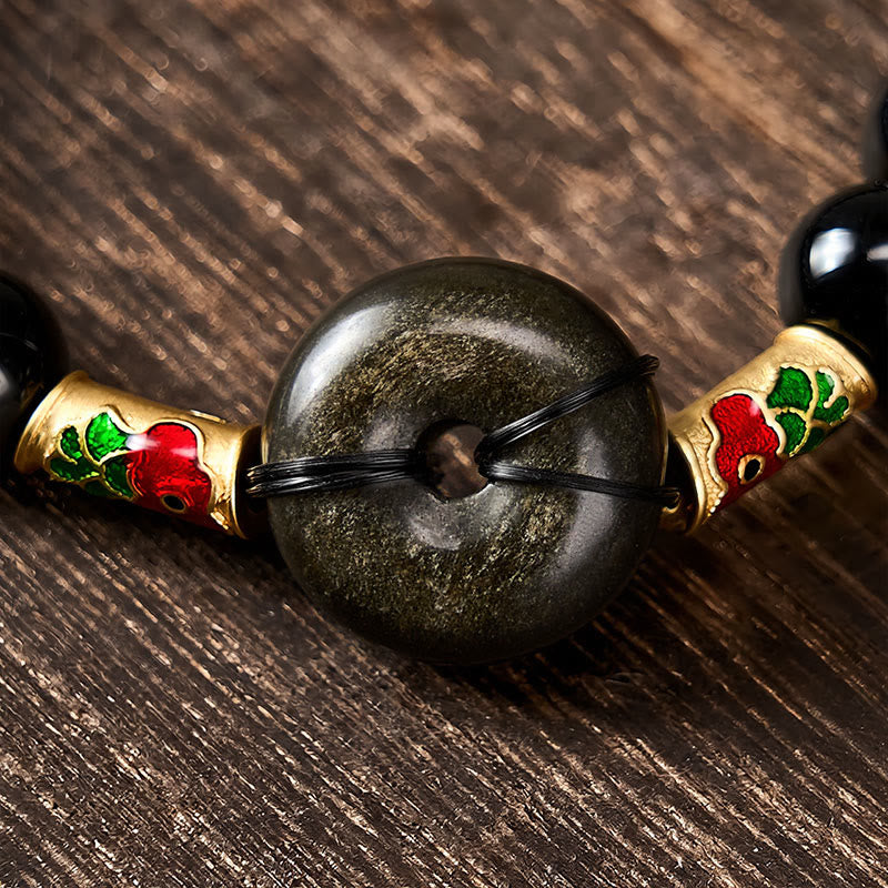 Buddha Stones Golden Sheen Obsidian Peace Buckle Black Obsidian Koi Fish Protection Round Bead Bracelet