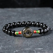 Buddha Stones Golden Sheen Obsidian Peace Buckle Black Obsidian Koi Fish Protection Round Bead Bracelet