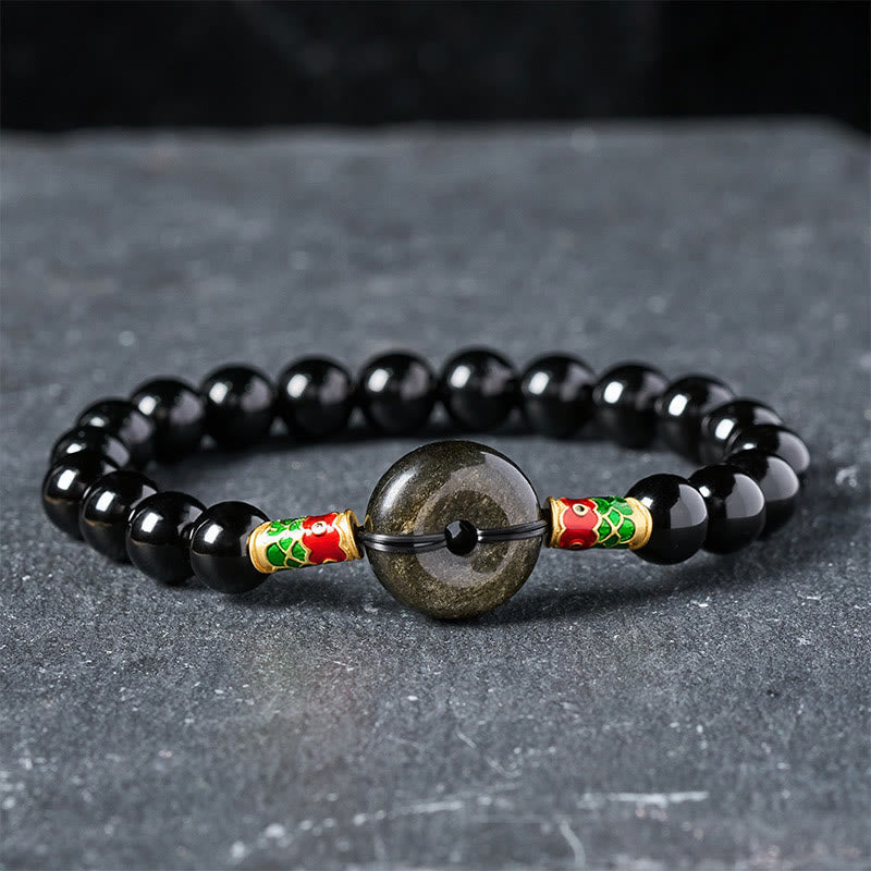 Buddha Stones Golden Sheen Obsidian Peace Buckle Black Obsidian Koi Fish Protection Round Bead Bracelet