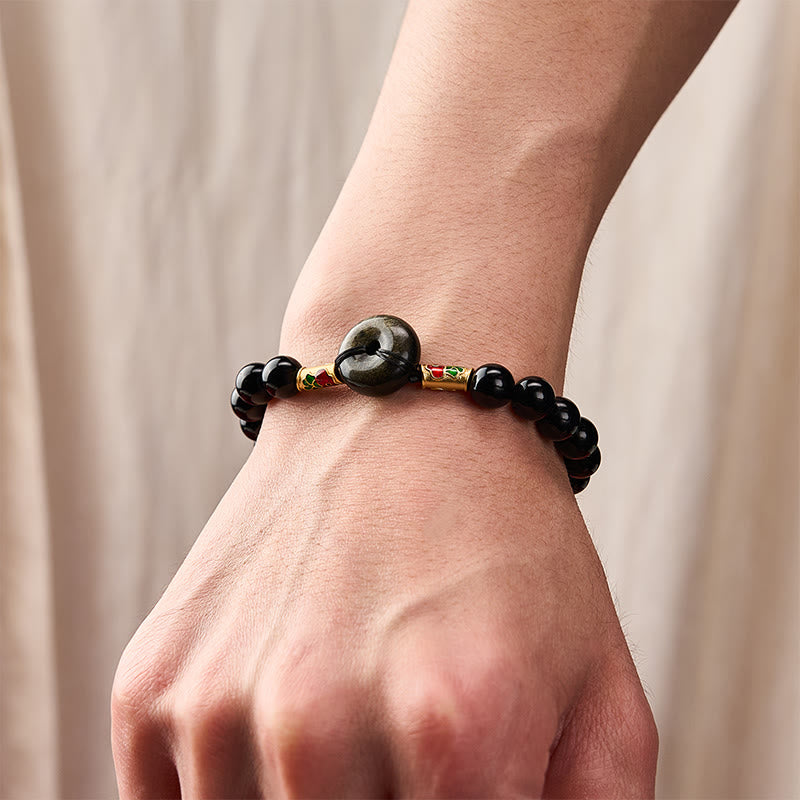 Buddha Stones Golden Sheen Obsidian Peace Buckle Black Obsidian Koi Fish Protection Round Bead Bracelet