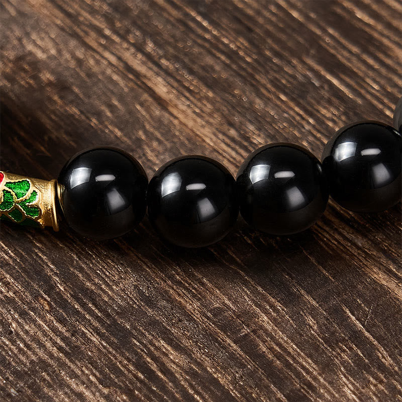 Buddha Stones Golden Sheen Obsidian Peace Buckle Black Obsidian Koi Fish Protection Round Bead Bracelet