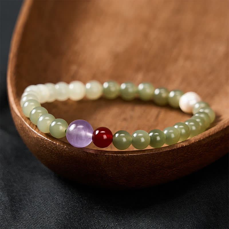 Buddha Stones Natural Hetian Jade Luck Gradient Round Bead Bracelet