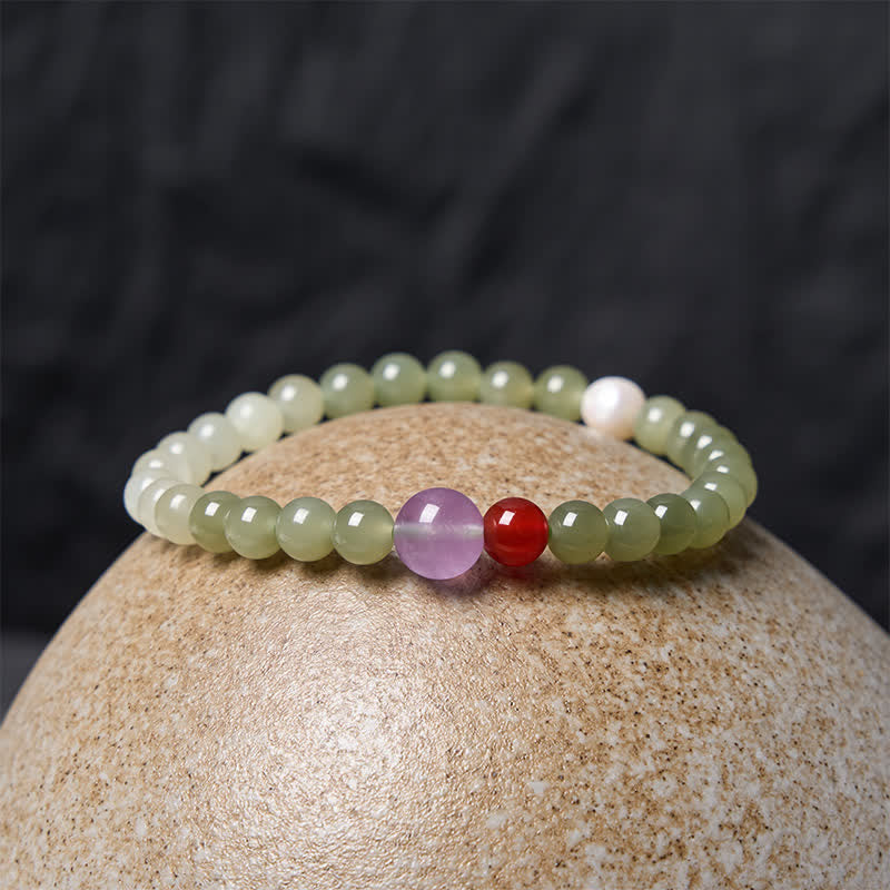 Buddha Stones Natural Hetian Jade Luck Gradient Round Bead Bracelet
