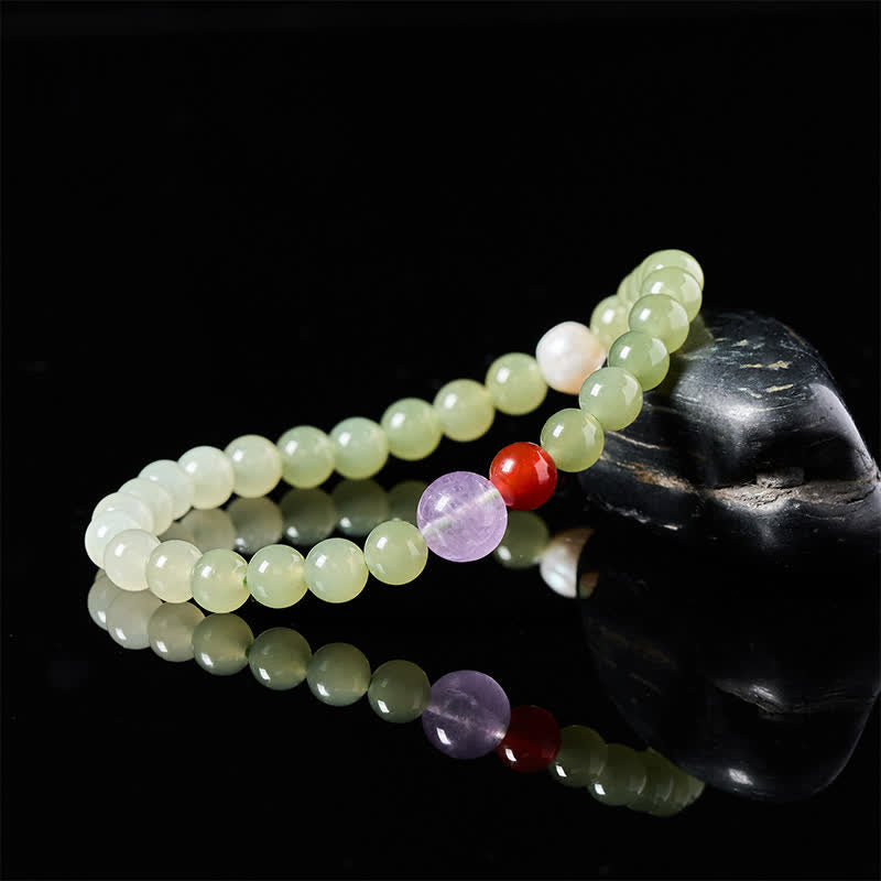 Buddha Stones Natural Hetian Jade Luck Gradient Round Bead Bracelet