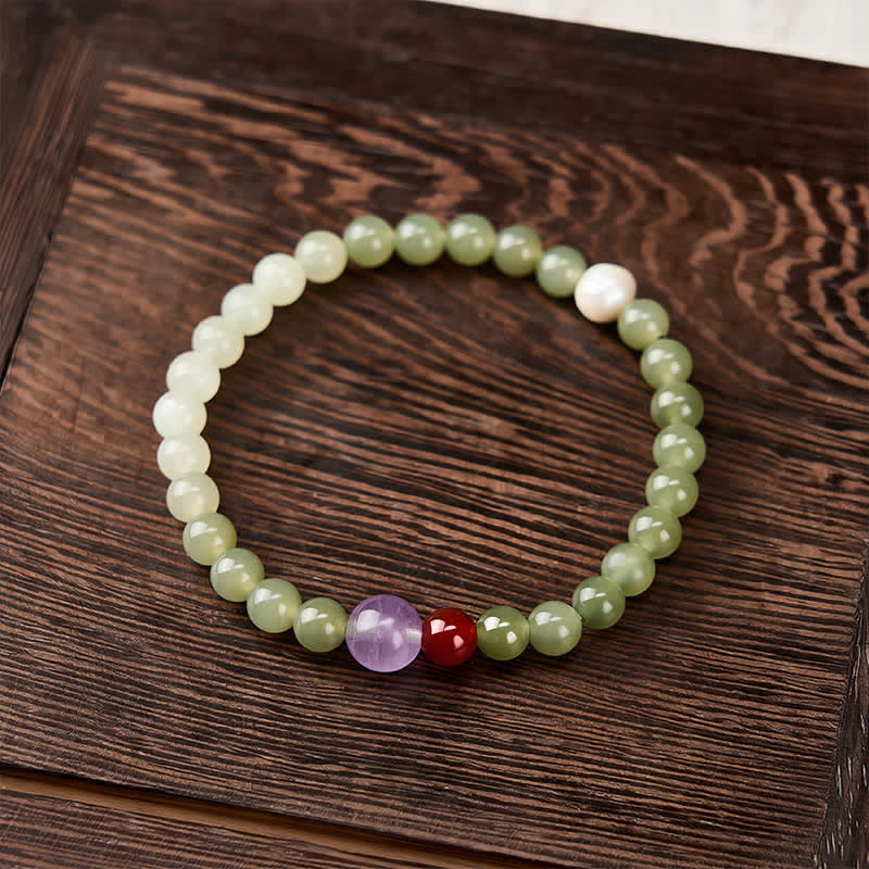 EverestArtstudios Natural Hetian Jade Luck Gradient Round Bead Bracelet
