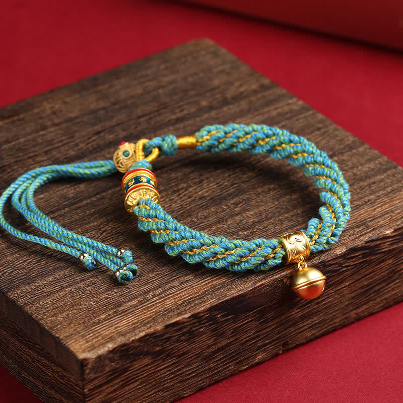 Buddha Stones Hand-Woven Tibetan Om Mani Padme Hum Wisdom Bell Charm Multicolor Rope Bracelet