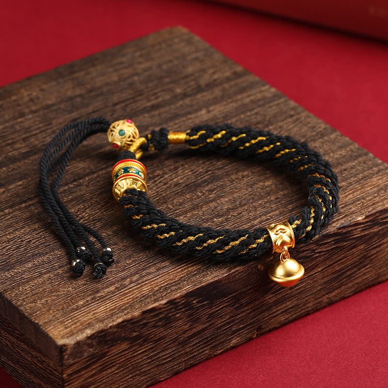 Buddha Stones Hand-Woven Tibetan Om Mani Padme Hum Wisdom Bell Charm Multicolor Rope Bracelet