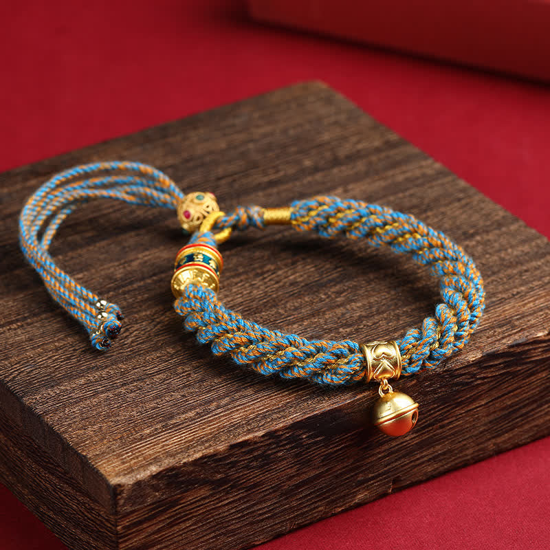 Buddha Stones Hand-Woven Tibetan Om Mani Padme Hum Wisdom Bell Charm Multicolor Rope Bracelet