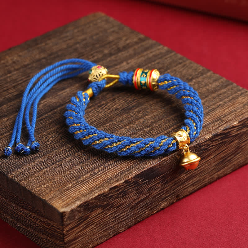 Buddha Stones Hand-Woven Tibetan Om Mani Padme Hum Wisdom Bell Charm Multicolor Rope Bracelet