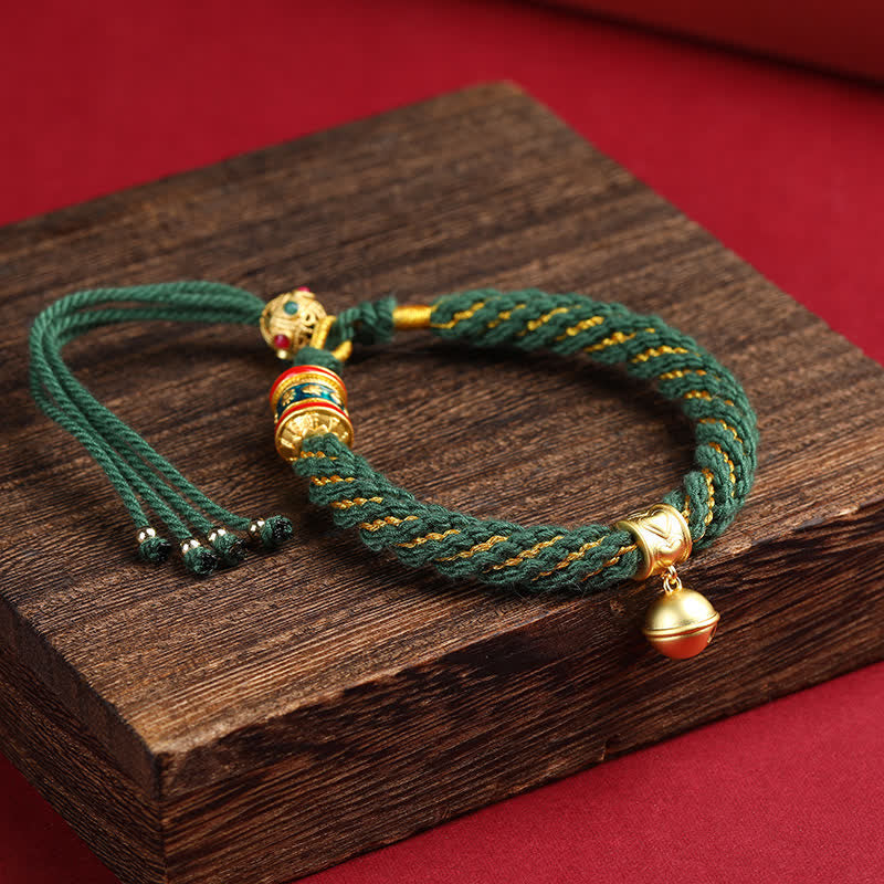 Buddha Stones Hand-Woven Tibetan Om Mani Padme Hum Wisdom Bell Charm Multicolor Rope Bracelet