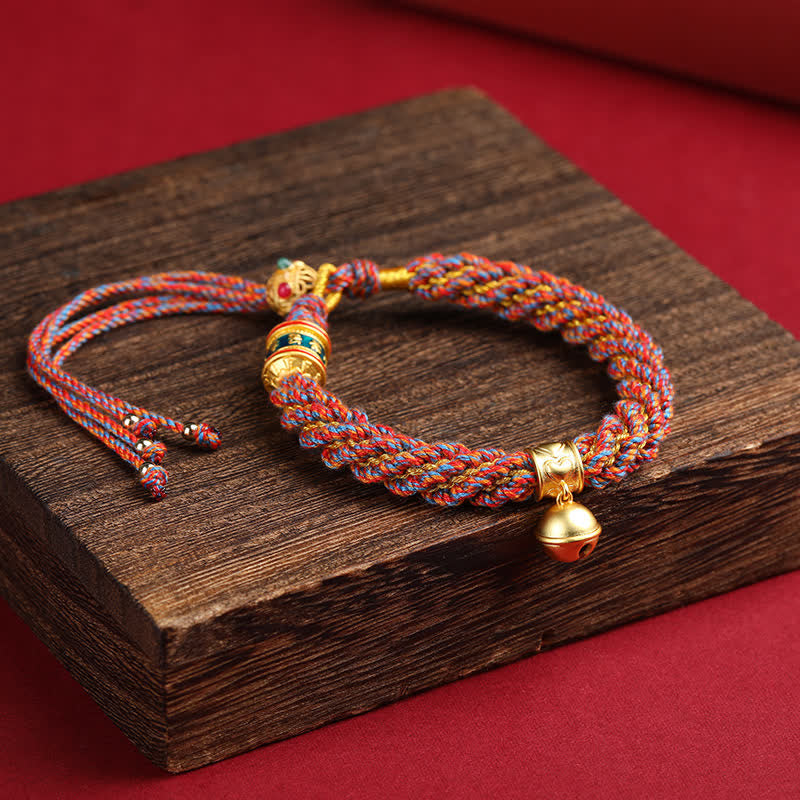Buddha Stones Hand-Woven Tibetan Om Mani Padme Hum Wisdom Bell Charm Multicolor Rope Bracelet