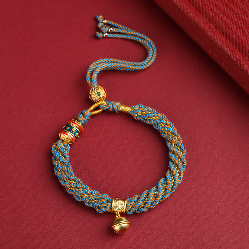 Buddha Stones Hand-Woven Tibetan Om Mani Padme Hum Wisdom Bell Charm Multicolor Rope Bracelet