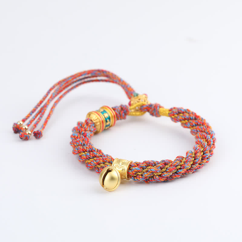 Buddha Stones Hand-Woven Tibetan Om Mani Padme Hum Wisdom Bell Charm Multicolor Rope Bracelet