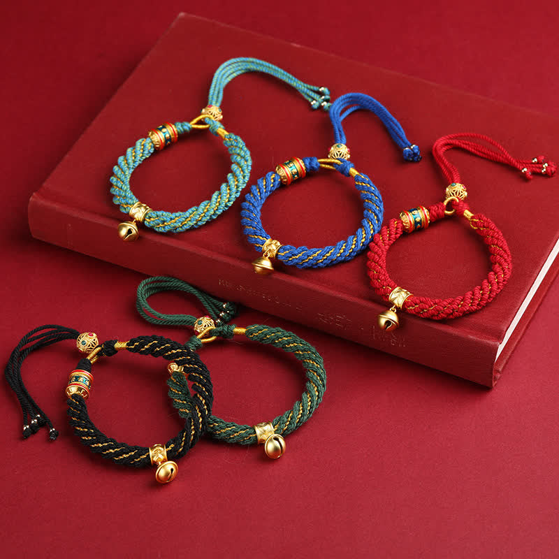 Buddha Stones Hand-Woven Tibetan Om Mani Padme Hum Wisdom Bell Charm Multicolor Rope Bracelet