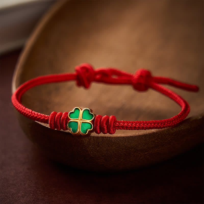 Buddha Stones Hand-Woven Red Rope Heart-Shaped Green Four Leaf Clover Luck Bracelet