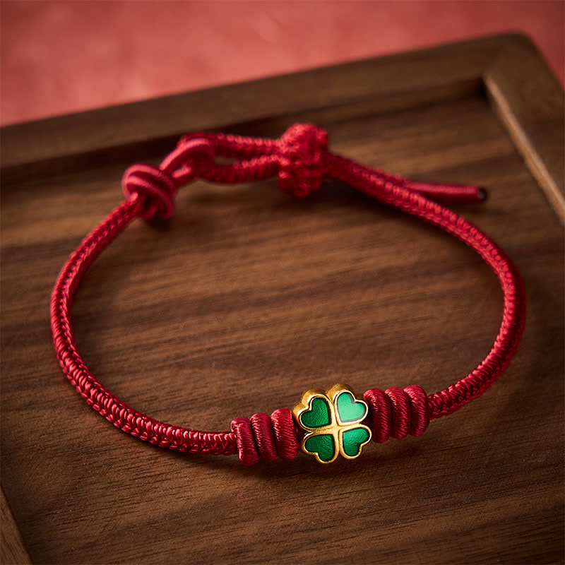 Buddha Stones Hand-Woven Red Rope Heart-Shaped Green Four Leaf Clover Luck Bracelet