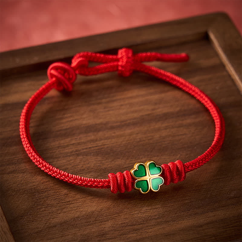 Buddha Stones Hand-Woven Red Rope Heart-Shaped Green Four Leaf Clover Luck Bracelet