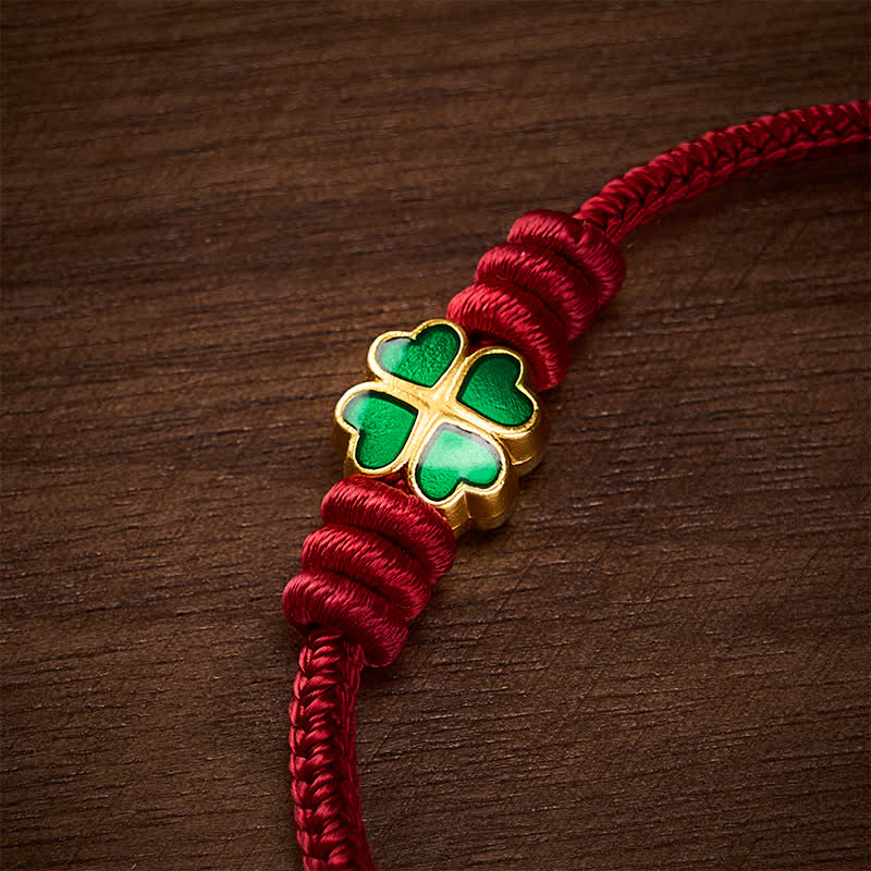 Buddha Stones Hand-Woven Red Rope Heart-Shaped Green Four Leaf Clover Luck Bracelet