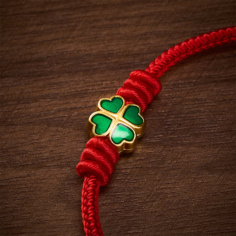 Buddha Stones Hand-Woven Red Rope Heart-Shaped Green Four Leaf Clover Luck Bracelet