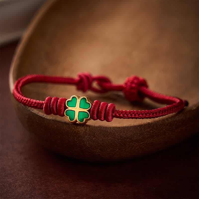 Buddha Stones Hand-Woven Red Rope Heart-Shaped Green Four Leaf Clover Luck Bracelet
