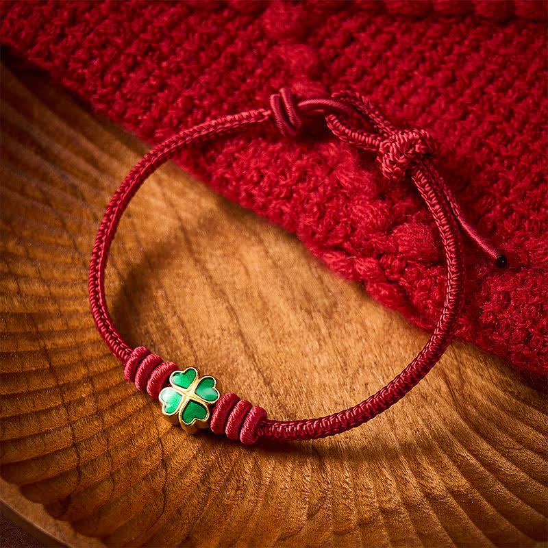 Buddha Stones Hand-Woven Red Rope Heart-Shaped Green Four Leaf Clover Luck Bracelet