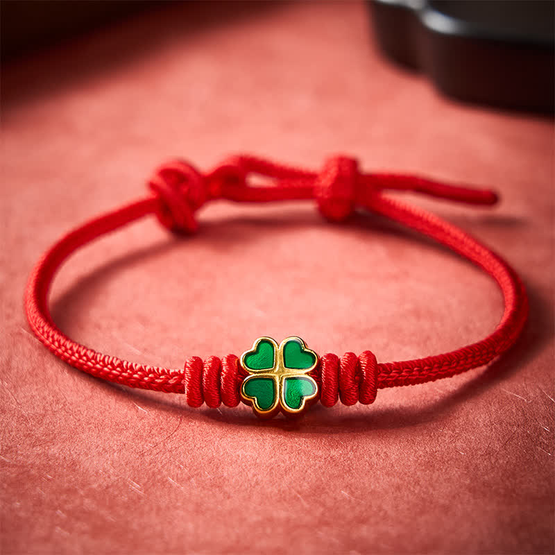 Buddha Stones Hand-Woven Red Rope Heart-Shaped Green Four Leaf Clover Luck Bracelet