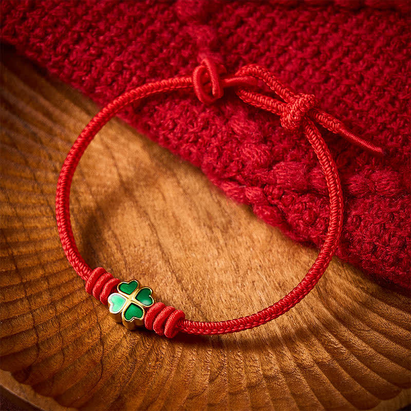 Buddha Stones Hand-Woven Red Rope Heart-Shaped Green Four Leaf Clover Luck Bracelet