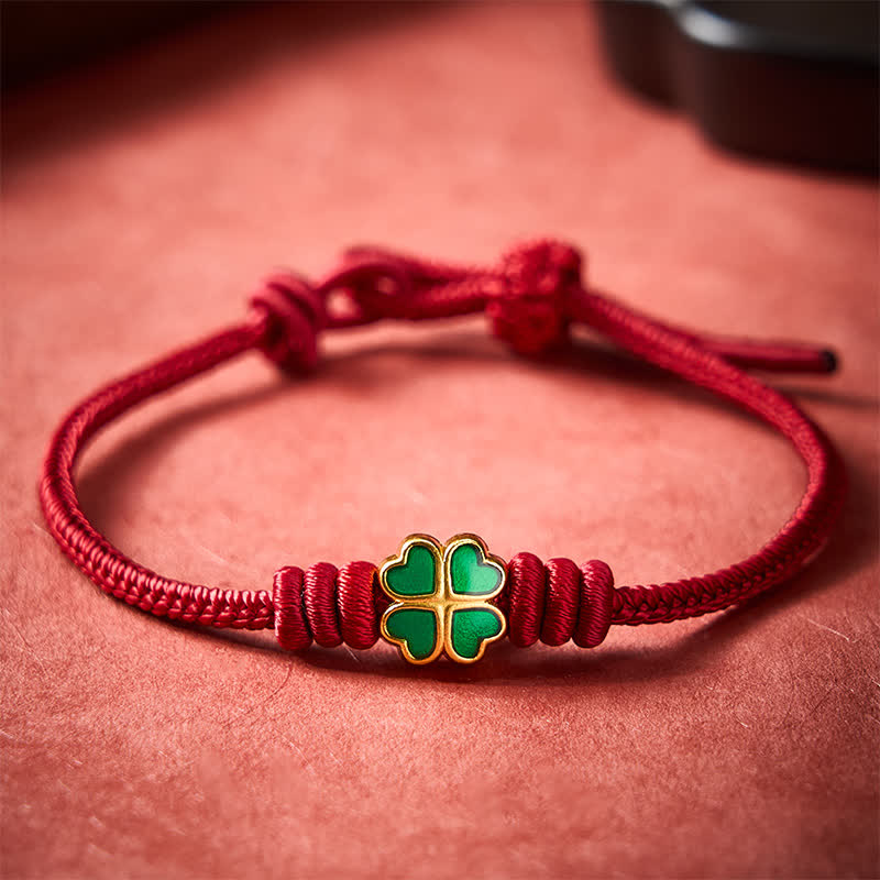 Buddha Stones Hand-Woven Red Rope Heart-Shaped Green Four Leaf Clover Luck Bracelet