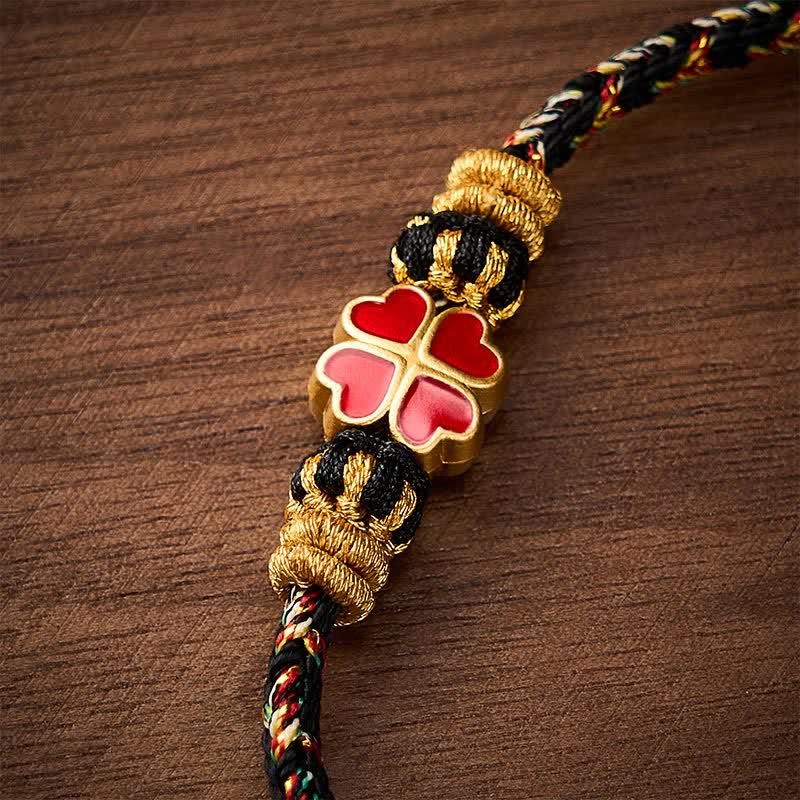 Buddha Stones Hand-Woven String Heart-Shaped Red Four Leaf Clover Healing Rope Bracelet