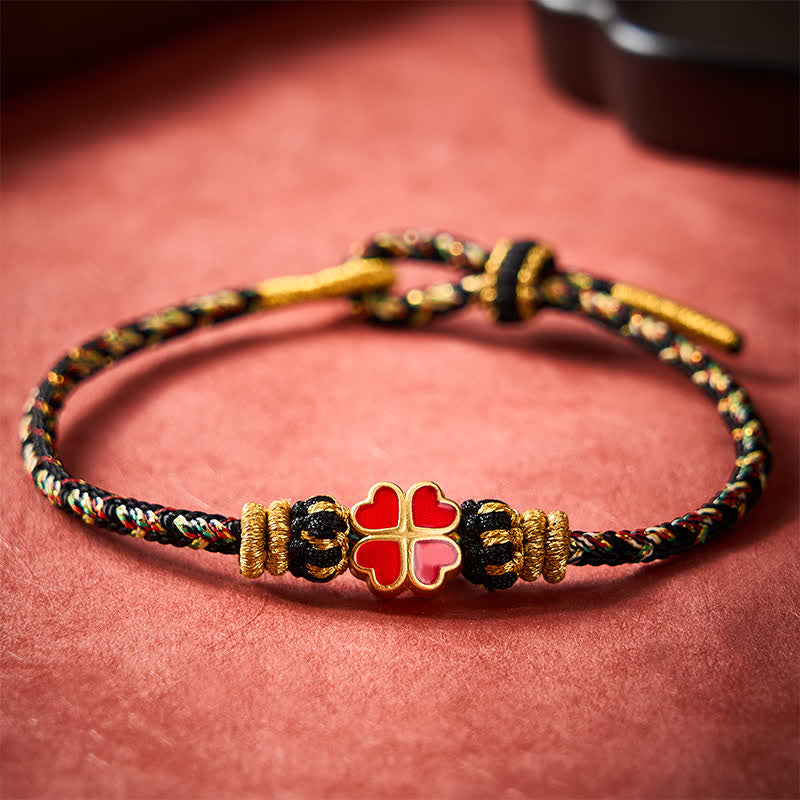 Buddha Stones Hand-Woven String Heart-Shaped Red Four Leaf Clover Healing Rope Bracelet