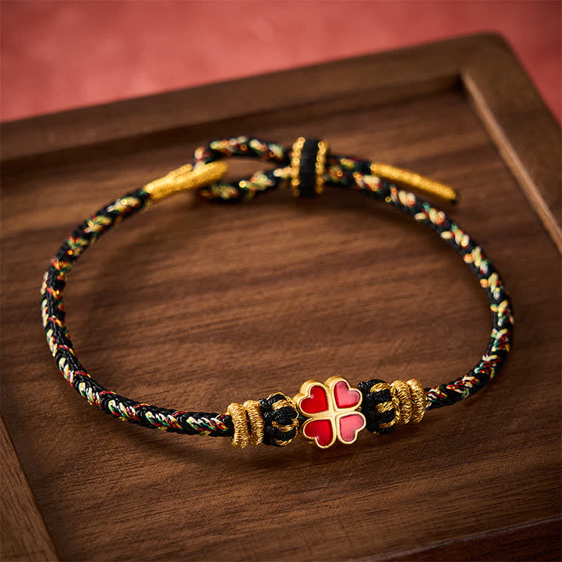 Buddha Stones Hand-Woven String Heart-Shaped Red Four Leaf Clover Healing Rope Bracelet
