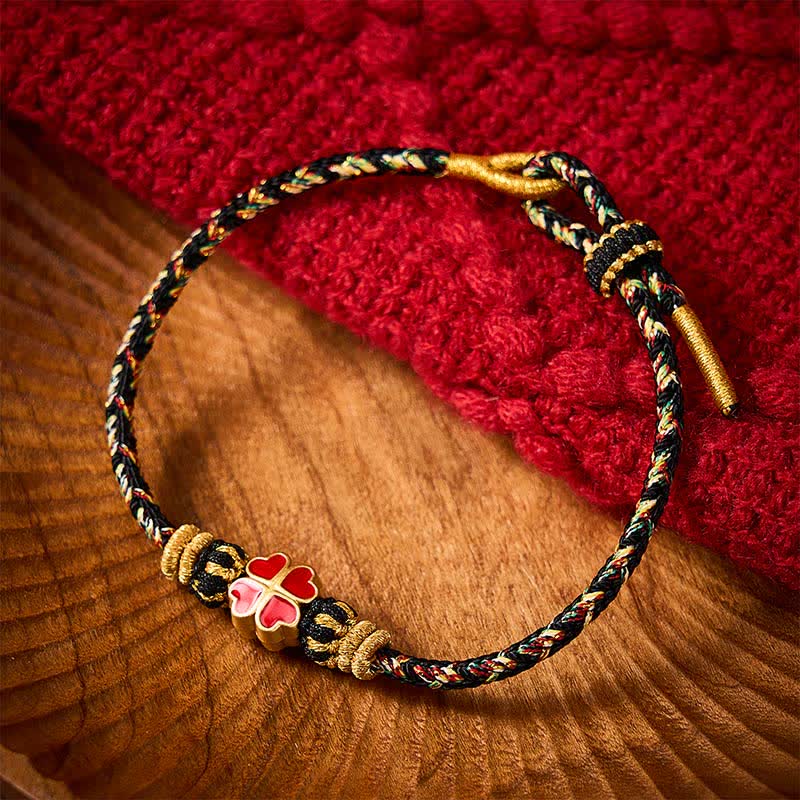 Buddha Stones Hand-Woven String Heart-Shaped Red Four Leaf Clover Healing Rope Bracelet