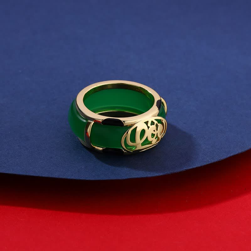 EverestArtstudios Vintage Green Jade Fu Character Pattern Ring