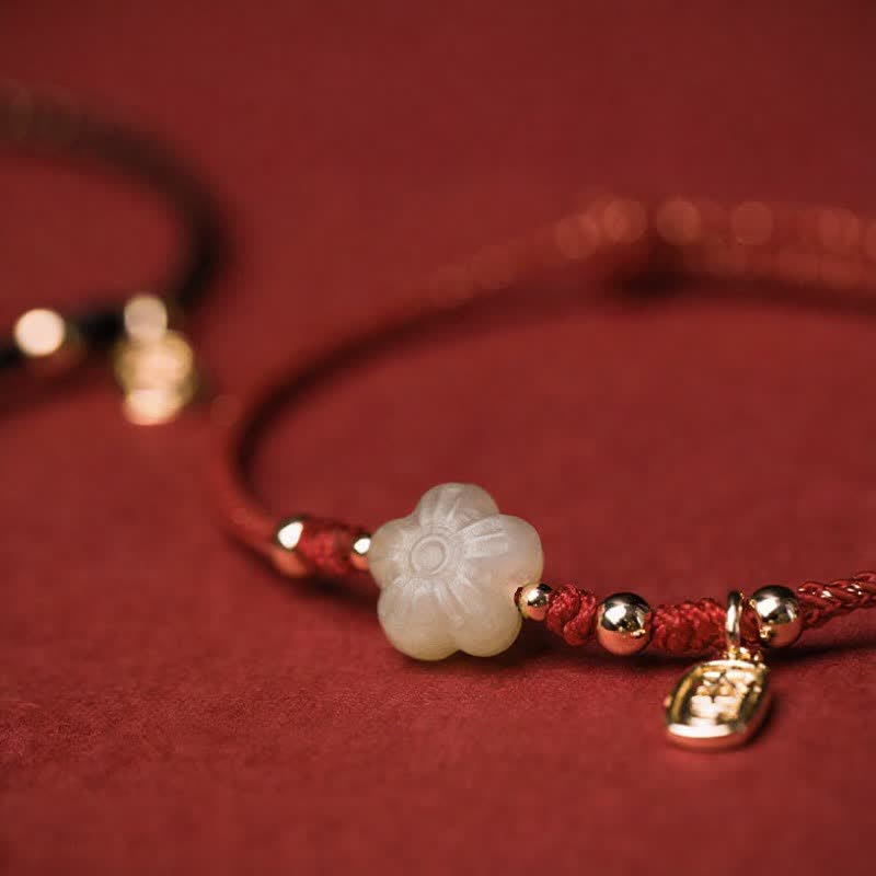 Buddha Stones Lucky Hetian Cyan Jade Floral Adjustable Cord Protection Bracelet