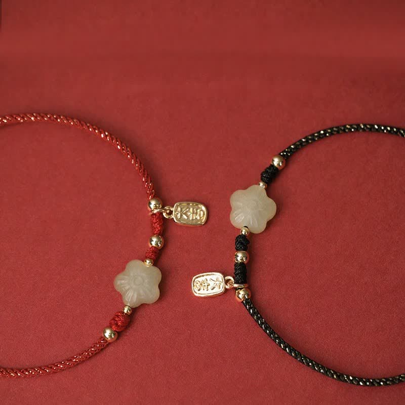 Buddha Stones Lucky Hetian Cyan Jade Floral Adjustable Cord Protection Bracelet