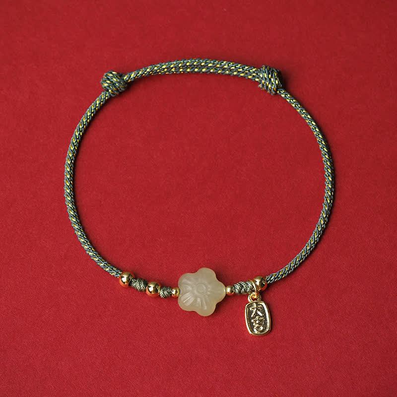 Buddha Stones Lucky Hetian Cyan Jade Floral Adjustable Cord Protection Bracelet