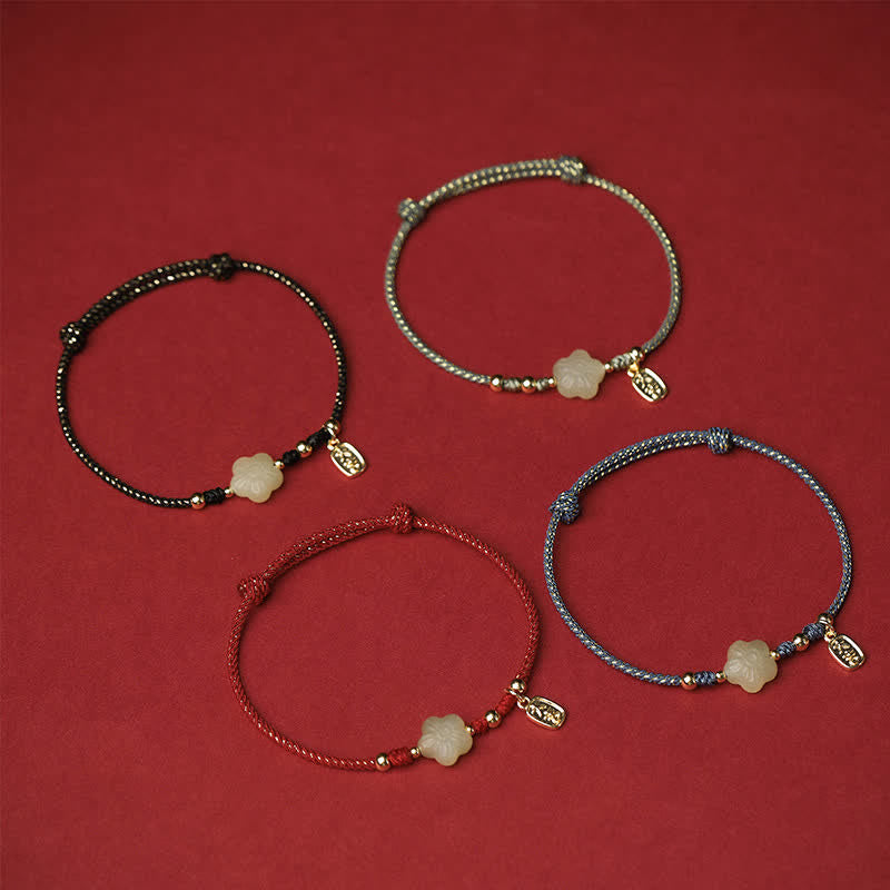 Buddha Stones Lucky Hetian Cyan Jade Floral Adjustable Cord Protection Bracelet