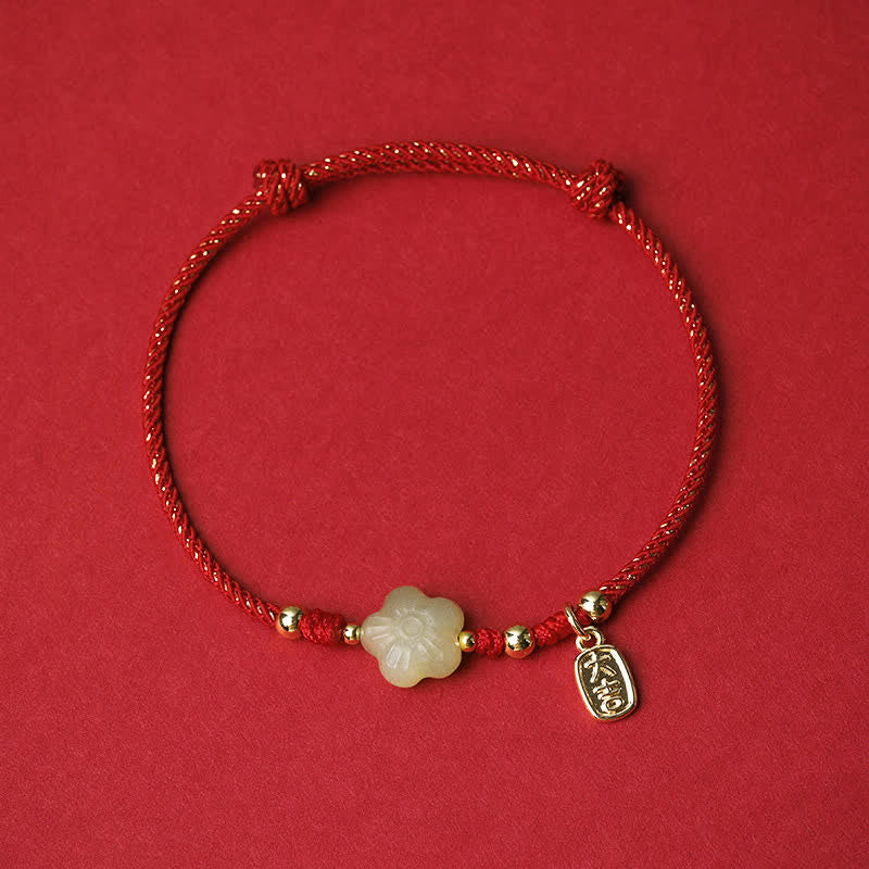 Buddha Stones Lucky Hetian Cyan Jade Floral Adjustable Cord Protection Bracelet