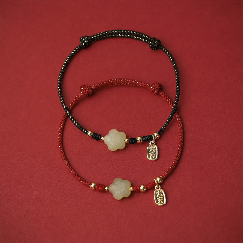 Buddha Stones Lucky Hetian Cyan Jade Floral Adjustable Cord Protection Bracelet