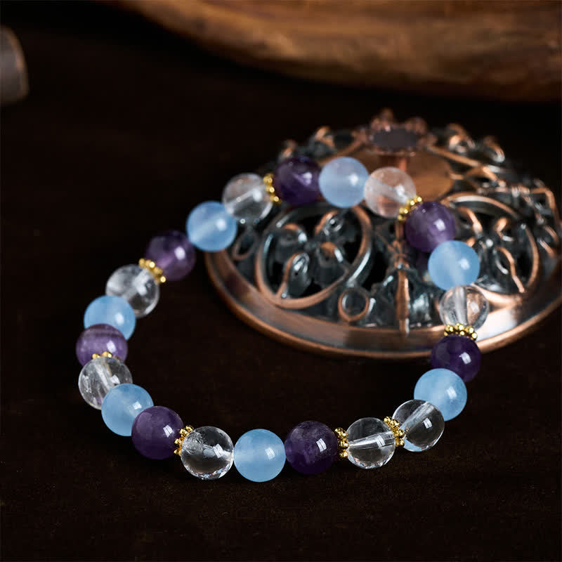 Buddha Stones Clear Quartz Amethyst Blue Chalcedony Beads Protection Bracelet