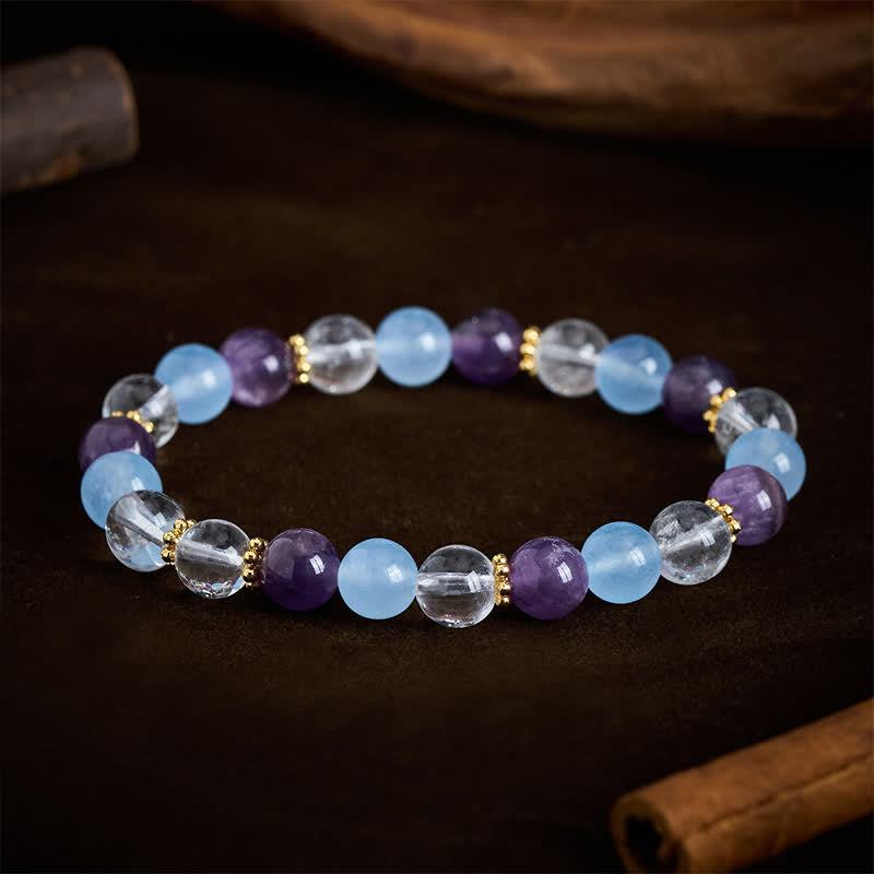 Buddha Stones Clear Quartz Amethyst Blue Chalcedony Beads Protection Bracelet