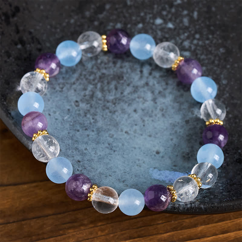 Buddha Stones Clear Quartz Amethyst Blue Chalcedony Beads Protection Bracelet
