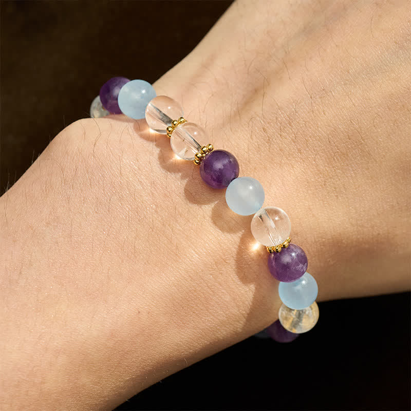 Buddha Stones Clear Quartz Amethyst Blue Chalcedony Beads Protection Bracelet
