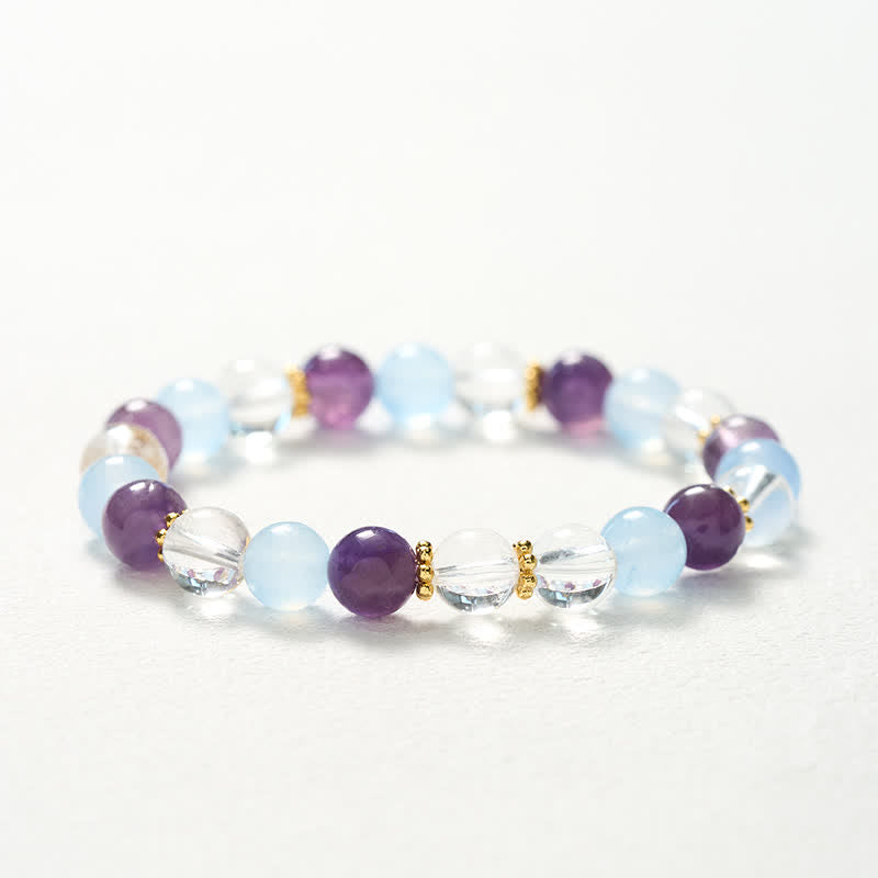 Buddha Stones Clear Quartz Amethyst Blue Chalcedony Beads Protection Bracelet