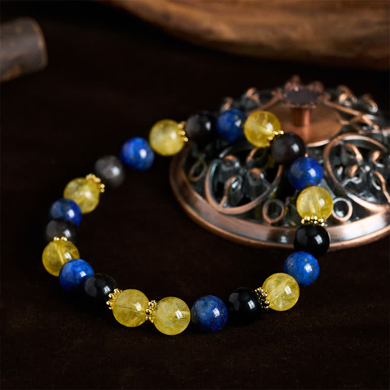 Buddha Stones Lapis Lazuli Silver Sheen Obsidian Citrine Beads Serenity Bracelet