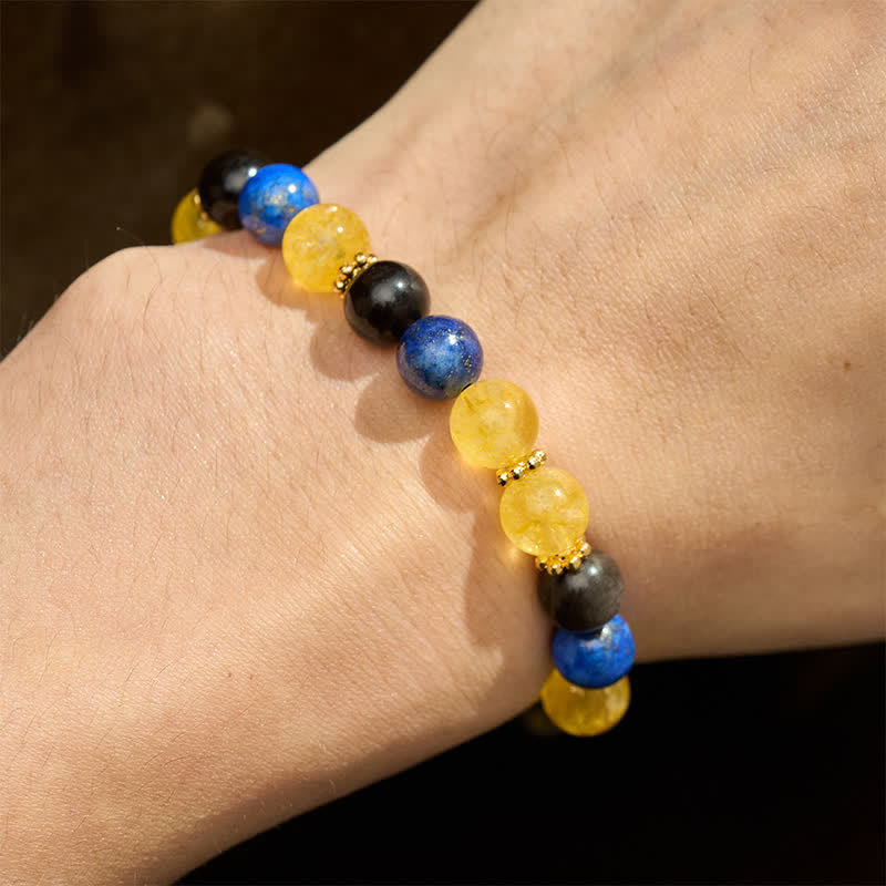 Buddha Stones Lapis Lazuli Silver Sheen Obsidian Citrine Beads Serenity Bracelet